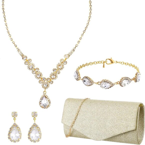Radiant Gold Rhinestone Jewelry Set with Evening Clutch Purse - Gift Ready! - Picture 1 of 8